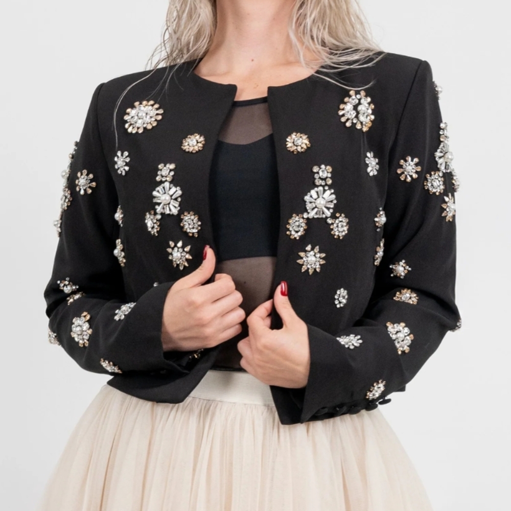 Black Crystal Embellished Cropped Jacket by AZI